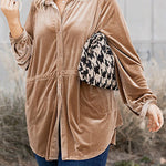 Khaki Casual Button Down Plus Size Velvet Shirt