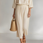Women's Ivory Cotton Set With Boat Neck & Elastic Waist, Timeless Minimalist-Casual Style Set MDZ2062A3I