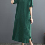 A-Line Loose Chinese Frog Buttons Pockets Solid Color Split-Side V-Neck Midi Dresses