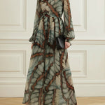 Balloon Sleeves Long Sleeves Big Hemline Contrast Color Pleated Print Zipper Stand Collar Maxi Dresses