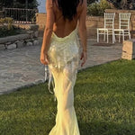 Deep V Neck Sequins Fishtail Hem Backless Gowns Slip Maxi Dresses-Yellow