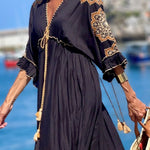 Mid-sleeve bell-sleeve tie V-neck dress