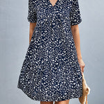 Short Sleeves Flower Print Split-Joint V-Neck Mini Dresses