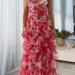 Spaghetti Strap Floral Print Tiered Slit Maxi Dress