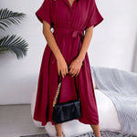 Loose Short Sleeves Solid Color Split-Joint Tied Waist Lapel Midi Dresses Shirt Dress