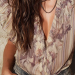 Vintage Striped Floral Chiffon Blouse With Ruffles