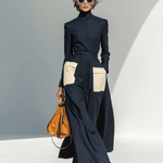 Women's Fashionable And Elegant Navy Blue Turtleneck Long-sleeved Fitted Top Paired With Matching Wide-leg Trousers With White Color Blocking Pockets