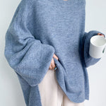 Stretch Mohair-Blend Balloon Sleeves Loose Solid Round-Neck Sweater Tops