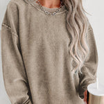 Solid Ribbed Round Neck Pullover Sweatshirt