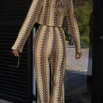 Tamia Knit Colorful Wave Unique Print Crop Top and Stretch Wide Leg Pants Set