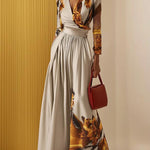 Long Sleeves Loose Floral Printed Pleated Split-Joint V-Neck Jumpsuits
