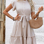 A-Line Loose Buttoned Pleated Polka-Dot Tied Waist Round-Neck Mini Dresses