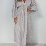 Striped Print V-Neck Long Sleeve Casual Loose Maxi Dress