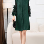 Long Sleeves Loose Embroidered Pleated Solid Color Round-Neck Midi Dresses