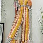 Last Queen Retro Floral Flare Sleeve Pocketed Loose Wide Leg Jumpsuit