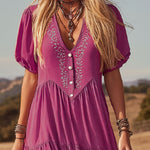 V-neck Button-down Faux Suede Short-sleeved Maxi Dress