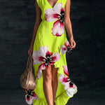High Waisted High-Low Contrast Color Flower Print Pleated Ruffled Split-Joint V-Neck Maxi Dresses