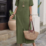 High Waisted Loose Pockets Solid Color Split-front Round-neck Midi Dresses