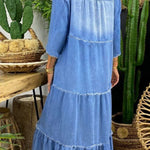 Casual Denim Washed Raw Trim V Neck Midi Dress
