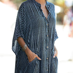 Batwing Sleeves Half Sleeves Buttoned Pockets Striped Round-Neck Beach Cover-Up Maxi Dresses