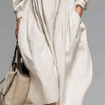 Loose Round-neck Button-front Double-pocket Cotton Long-sleeved Midi Dress