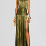 Elasticated Waist Sleeveless Pleated Shiny Solid Color Split-Side Halter-Neck Maxi Dresses