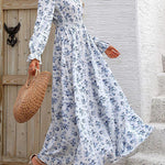 Long Sleeves Loose Elasticity Floral Printed V-Neck Maxi Dresses