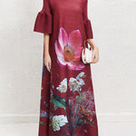 A-Line Flared Sleeves Flower Print Pleated V-Neck Maxi Dresses