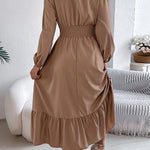 A-Line Elasticated Waist Pleated Solid Color Round-Neck Maxi Dresses