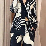 Long Sleeves Loose Contrast Color Pockets Printed Blouses&Pants Suits