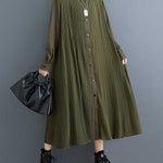 A-Line Long Sleeves Buttoned Pleated Pockets Split-Joint Lapel Midi Dresses Shirt Dress