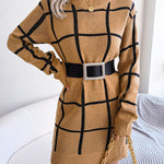 Elasticated Waist Long Sleeves Belted Contrast Color Plaid Round-Neck Mini Dresses Sweater Dresses