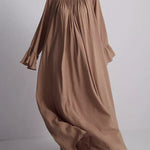 A-Line Flared Sleeves Pleated Solid Color Split-Joint Round-Neck Maxi Dresses