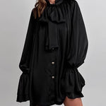 A-Line Flared Sleeves Buttoned Elasticity Pleated Solid Color Tied Zipper Stand Collar Mini Dresses