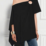 Loose Short Sleeves Asymmetric Hollow Solid Color One-Shoulder Blouses&Shirts Tops