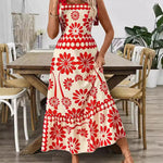 A-Line Loose Elasticity Flower Print Pleated Tied Spaghetti-Neck Midi Dresses