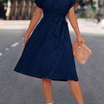 A-Line High Waisted Buttoned Solid Color Tied Waist Lapel Collar Midi Dresses Shirt Dress