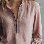 Vintage Zipper Collar Lace Cuffs Long Sleeve Blouse