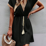 A-Line Elasticated Waist Contrast Color Drawstring Hollow Split-Joint Tasseled Tied V-Neck Mini Dresses