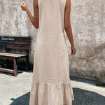 A-Line Loose Pleated Ruffle Trim Solid Color V-Neck Maxi Dresses