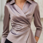 Three-Quarter Sleeves Buttoned Pleated Solid Color Lapel Blouses&Shirts Tops