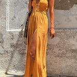 Linen Blend Elastic Waist Halter Backless Pocket Slit Midi Dress