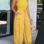 Loose Drawstring Elasticity Pockets Solid Color Casual Pants Bottoms Cropped Trousers Trousers