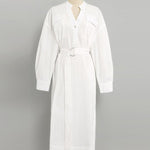Long Sleeves Loose See-Through Split-Joint Split-Side Tied Waist V-Neck Midi Dresses Shirt Dress