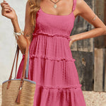 A-Line Loose Jacquard Layered Pleated Solid Color Split-Joint Spaghetti-Neck Mini Dresses