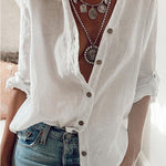 Ladies Cotton Linen Solid Color Pull-Sleeve Loose V-Neck Long-Sleeve Shirt
