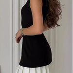 Sleeveless Pleated Solid Color Split-Joint Tiered Round-neck Mini Dresses