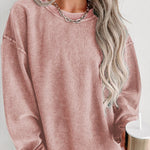 Solid Ribbed Round Neck Pullover Sweatshirt
