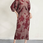 Batwing Sleeves Loose Pleated Printed V-Neck Midi Dresses