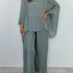 Solid Color Round Neck Loose Bat Sleeve Top and Elastic Waist Wide Leg Pants Set